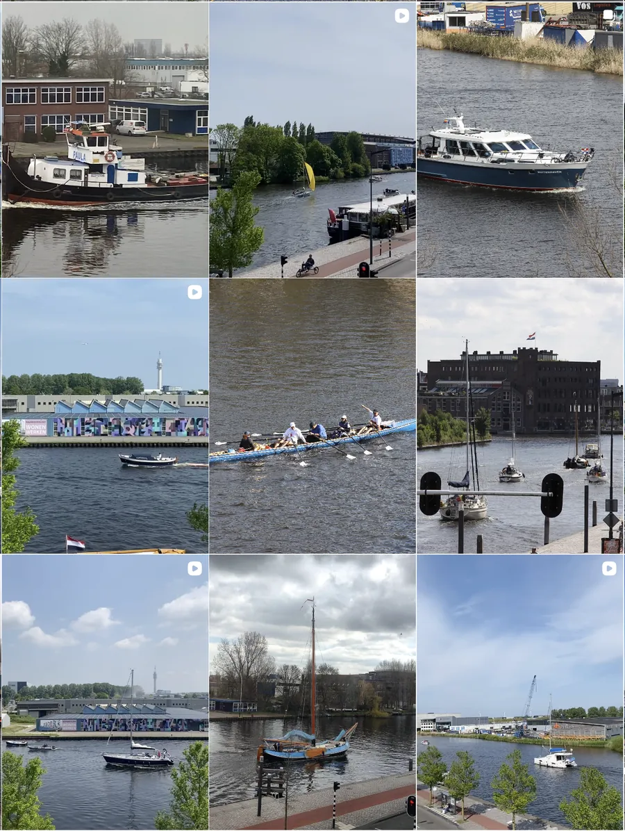 Grid of photos of boats passing on a river