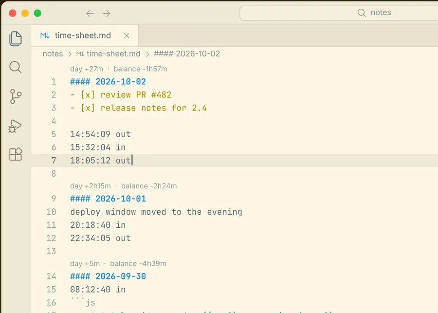 VS Code with a Markdown time sheet and a balance tooltip